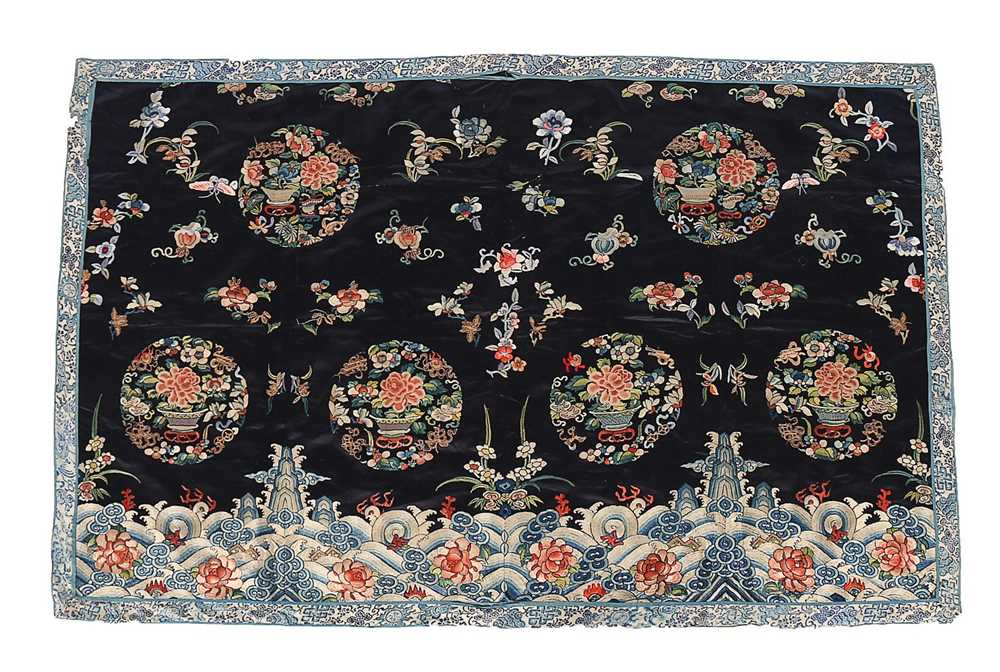 Lot 520 - An embroidered midnight blue satin panel,...