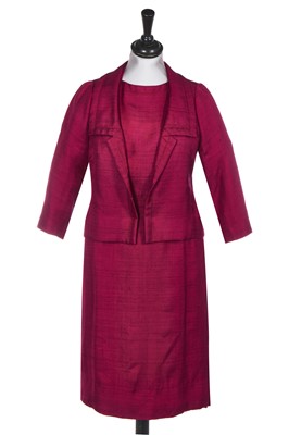 Lot 436 - A Christian Dior Japan burgundy slubbed silk ensemble, 1960s