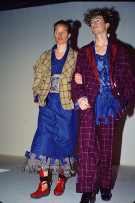 Lot 340 - A rare Vivienne Westwood burgundy checked wool suit, 'Clint Eastwood' collection, Autumn-Winter 1985-86