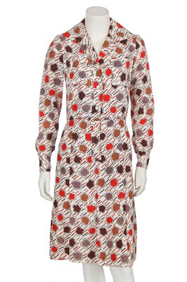 Lot 391 - An Yves Saint Laurent printed moss crêpe dress, early 1970s