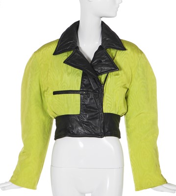 Lot 269 - A John Galliano neon yellow moiré and leather bomber jacket, 'Fencing' collection, Autumn-Winter 1990-91