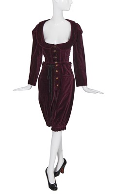 Lot 244 - A Vivienne Westwood grape-purple velvet complete ensemble, 'Time Machine' collection, Autumn-Winter 1988-89