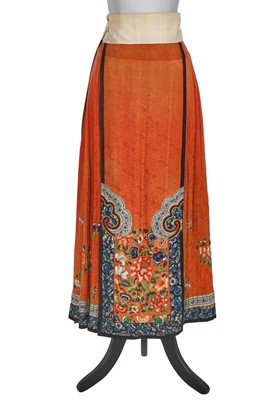 Lot 151 - A Chinese embroidered orange damask silk skirt, qun, 1890