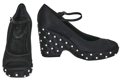 Lot 24 - A pair of Chanel black satin platform wedges, 2010s