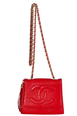 Lot 8 - A Chanel red lambskin trapezoid flap bag, circa 1985