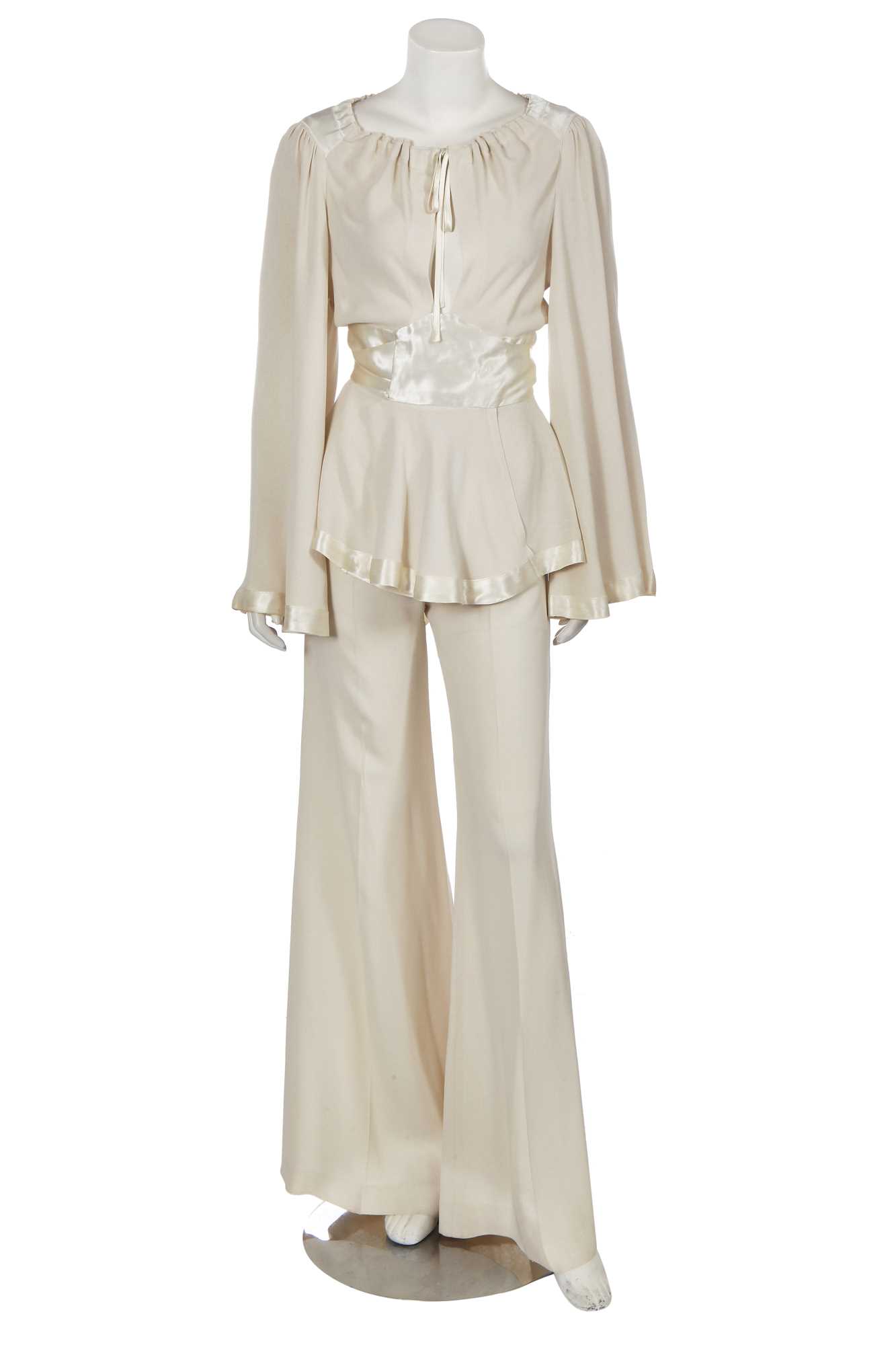 Lot 407 - An Ossie Clark for Radley ivory moss crêpe suit early 1970s