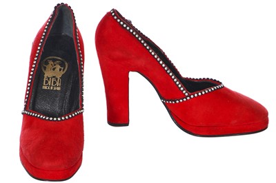 Lot 112 - A rare pair of Biba red suede heels, circa 1974