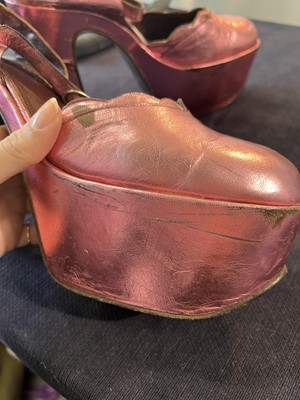 Lot 111 - A rare pair of Biba metallic pink leather platform heels, circa 1970