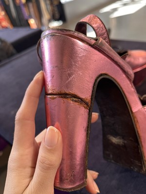 Lot 111 - A rare pair of Biba metallic pink leather platform heels, circa 1970