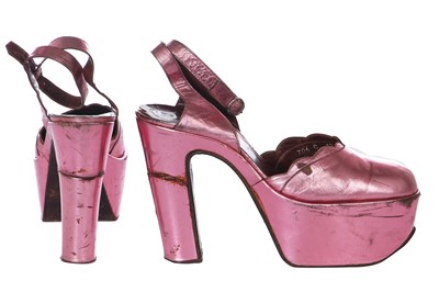 Lot 111 - A rare pair of Biba metallic pink leather platform heels, circa 1970