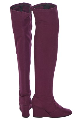 Lot 23 - A pair of Biba purple canvas knee-length wedge boots, circa 1970