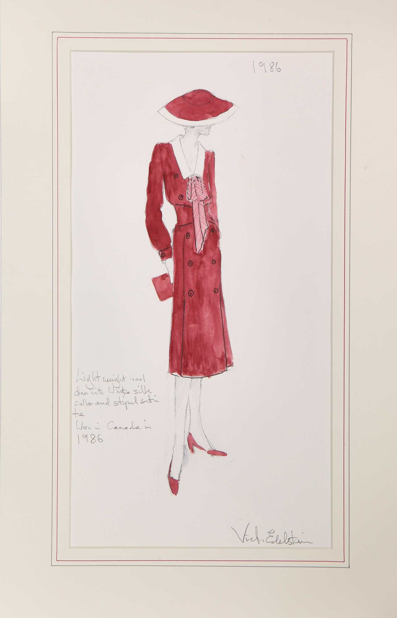 Lot 256 - A Victor Edelstein sketch of Princess Diana's scarlet wool day ensemble