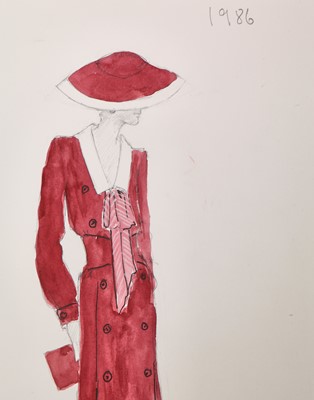 Lot 256 - A Victor Edelstein sketch of Princess Diana's scarlet wool day ensemble