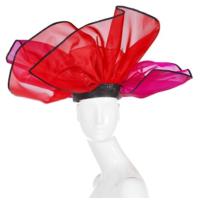 Lot 167 - An Yves Saint Laurent purple and red mesh petal hat, Spring-Summer 1990