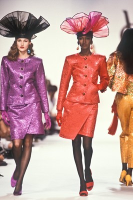Lot 167 - An Yves Saint Laurent purple and red mesh petal hat, Spring-Summer 1990