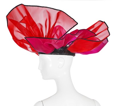 Lot 167 - An Yves Saint Laurent purple and red mesh petal hat, Spring-Summer 1990