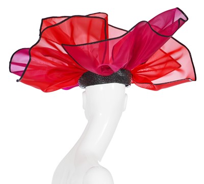 Lot 167 - An Yves Saint Laurent purple and red mesh petal hat, Spring-Summer 1990