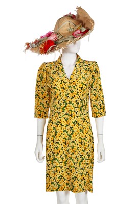 Lot 173 - An Yves Saint Laurent daffodil-print silk dress and straw hat, Spring-Summer 1992