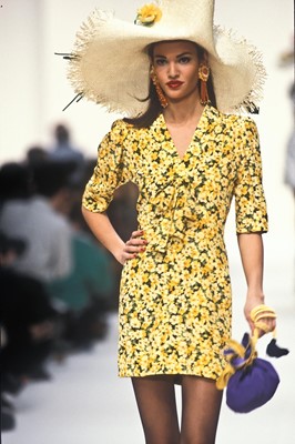 Lot 173 - An Yves Saint Laurent daffodil-print silk dress and straw hat, Spring-Summer 1992