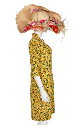 Lot 173 - An Yves Saint Laurent daffodil-print silk dress and straw hat, Spring-Summer 1992
