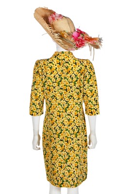 Lot 173 - An Yves Saint Laurent daffodil-print silk dress and straw hat, Spring-Summer 1992