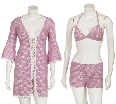 Lot 55 - A Biba white and lilac spotted printed cotton beach set, circa 1970