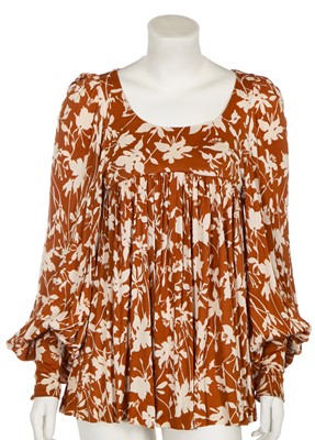 Lot 108 - A Biba brown and white floral printed nylon jersey smock top, circa 1973