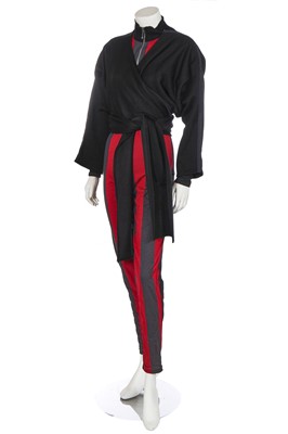 Lot 349 - A Jean Paul Gaultier black and red striped cotton jersey jumpsuit, circa 1986