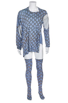 Lot 142 - A Westwood/McLaren squiggle print blue cotton jersey shirt, 'Pirate' collection, Autumn-Winter 1981-82