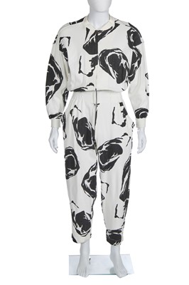 Lot 37 - An Issey Miyake men's printed white cotton jersey jumpsuit, Autumn-Winter 1985-86