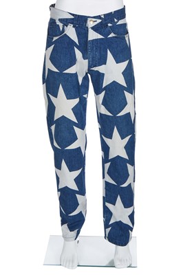 Lot 146 - A pair of Vivienne Westwood men's printed jeans, 'Mini Crini' collection, Spring-Summer 1986