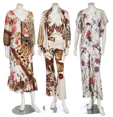 Lot 77 - Three Roberto Cavalli printed ivory silk ensembles, circa 2005