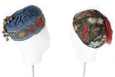 Lot 419 - Two gentlemen's embroidered wool smoking hats,...