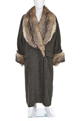 Lot 122 - A Hardy Amies men's grey and green wool and coyote fur coat, 1990s-2000s