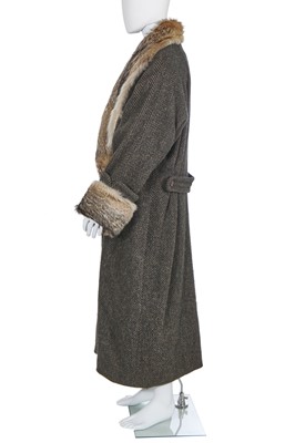 Lot 122 - A Hardy Amies men's grey and green wool and coyote fur coat, 1990s-2000s