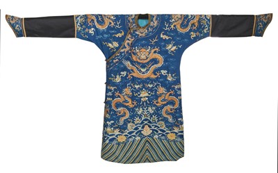 Lot 534 - An embroidered blue ground dragon robe, jifu/mangpao, Chinese, late 19th-century