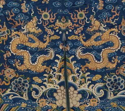 Lot 535 - A couched blue silk gauze 'dragon' robe, jifu/longpao, Chinese, late 19th-century
