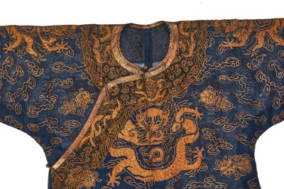 Lot 535 - A couched blue silk gauze 'dragon' robe, jifu/longpao, Chinese, late 19th-century