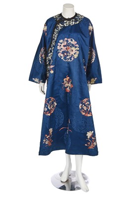 Lot 538 - A woman's embroidered damask blue ground informal robe, chang-fu, Chinese, circa 1910