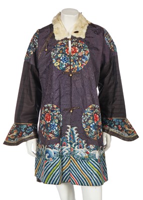 Lot 532 - An embroidered aubergine damask silk robe, Chinese for the European market, 1900-1930