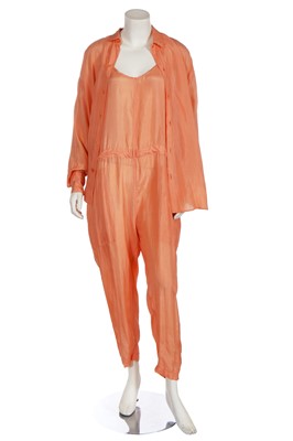 Lot 244 - A Katharine Hamnett peach parachute silk jumpsuit ensemble, 1980s