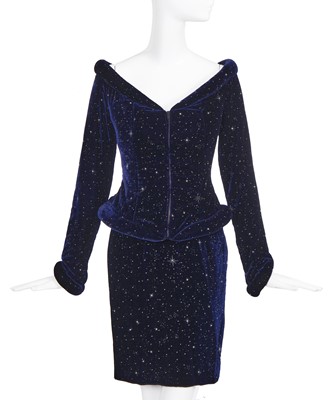 Lot 143 - A Rifat Ozbek navy blue velvet 'night sky' cocktail suit, 1990s