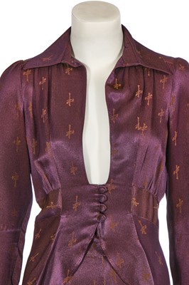 Lot 413 - An Ossie Clark printed purple satin ensemble, late 1960s