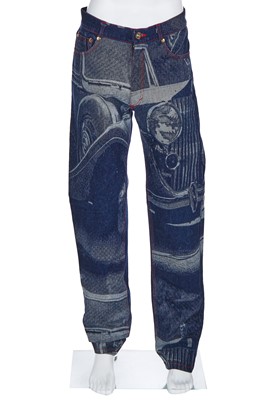 Lot 93 - A pair of Vivienne Westwood men's printed denim jeans, 'Always on Camera' collection, Autumn-Winter 1992-93