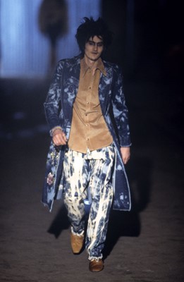 Lot 85 - An Alexander McQueen men's bleached denim coat, 'It's a Jungle Out There' collection, Autumn-Winter 1997-98