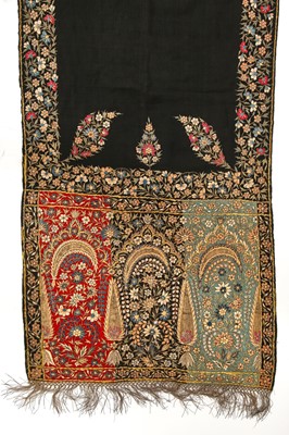 Lot 517 - An embroidered black wool stole, Delhi, India, circa 1835