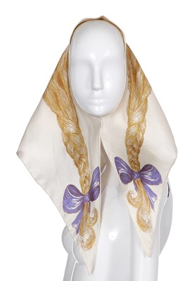 Lot 386 - A rare and early Hubert de Givenchy trompe-l'œil hair-printed silk headscarf, Spring-Summer 1953