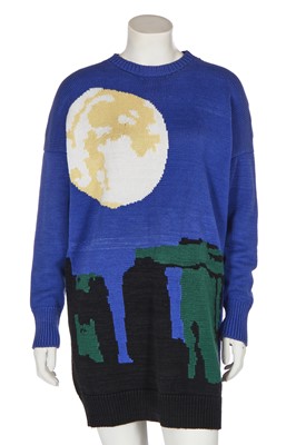 Lot 336 - A Rodolfo Contreras blue intarsia-knit Stonehenge mini dress/jumper, 1980s