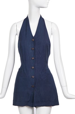 Lot 132 - A Jean Paul Gaultier blue silk-linen blend halter neck playsuit, circa 1990