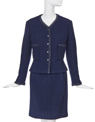 Lot 47 - A Chanel navy blue wool bouclé suit, Cruise 1995